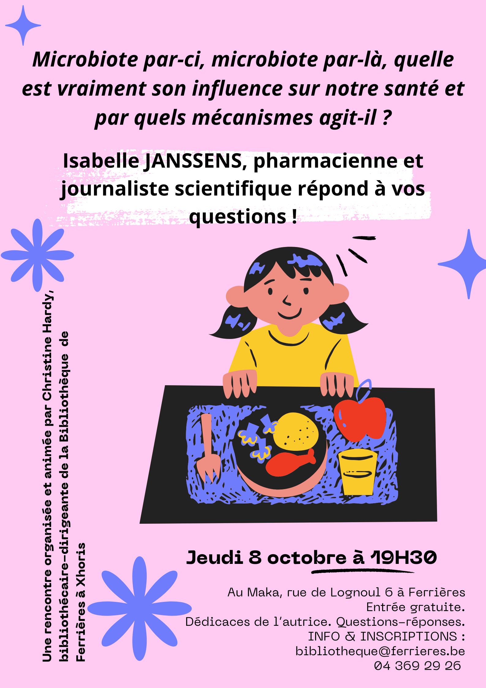  Rencontre avec la journaliste scientifique et pharmacienne Isabelle JANSSENS-DOIGNIE à l&rsquo;occasion de la parution de son livre intitulé Le microbiote, pilier de la santé .