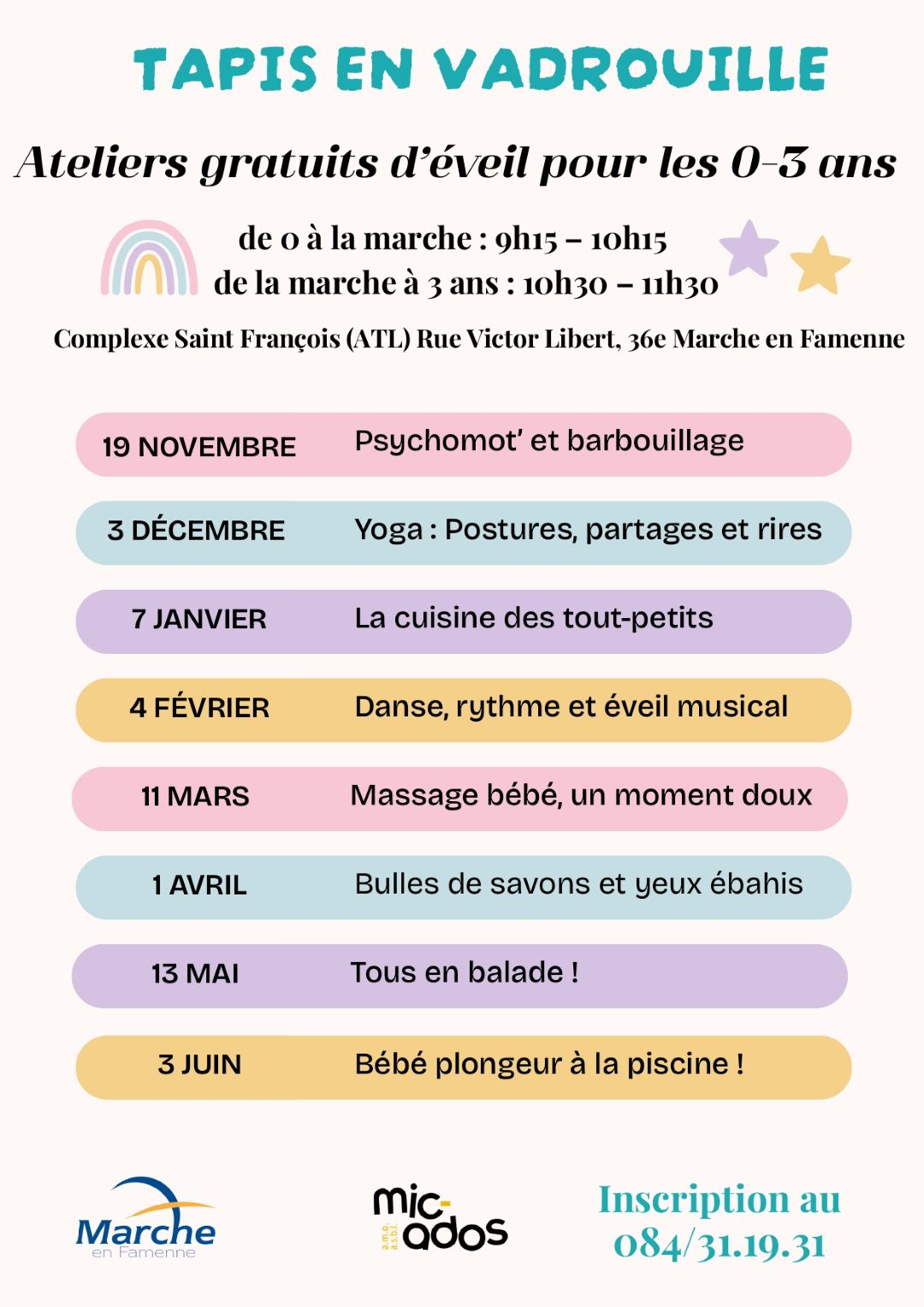 Tapis en vadrouille ; Ateliers gratuits d'éveil pour les 0 - 3 ans